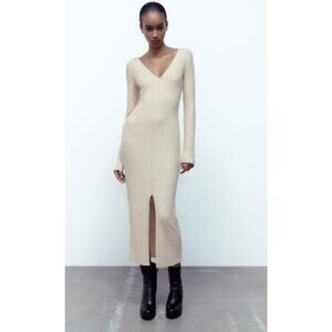 Zara Ribbed Bodycon Midi Dress Medium Cream Split Front Long Sleeve